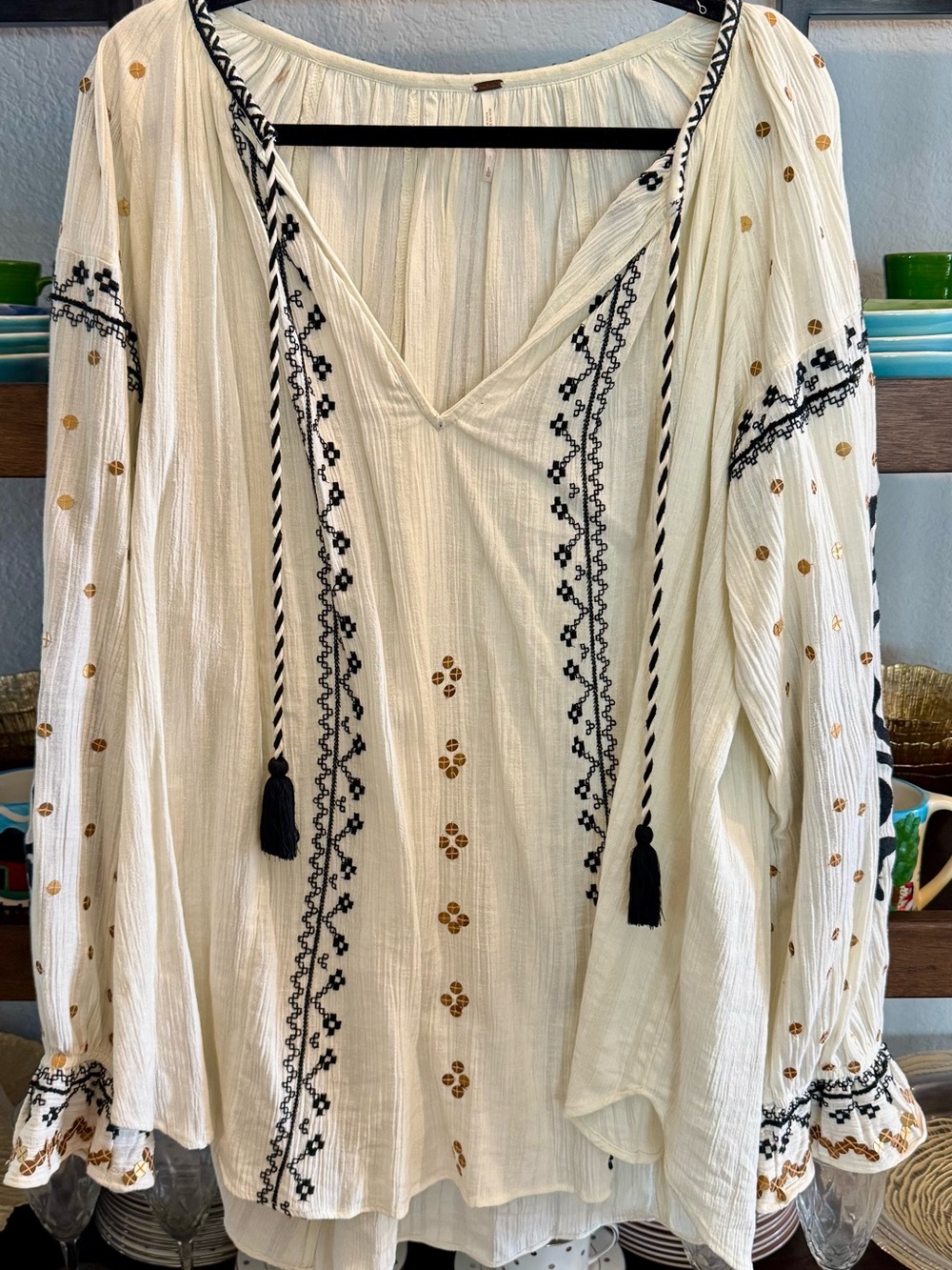 Free People Cream Tunic with Black Embroidery and Gold Dot Accents